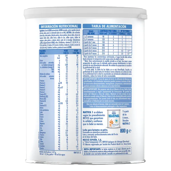 Leche infantil 1 inicio Nativa lata 800 g 2