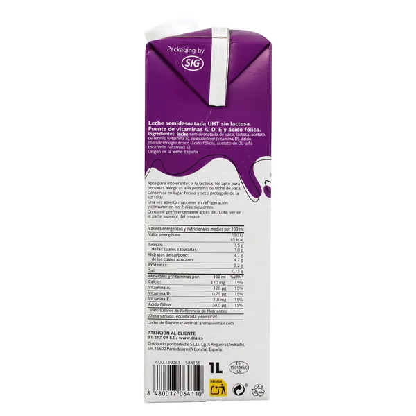Leche semidesnatada sin lactosa Dia Láctea 1 L 4