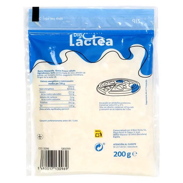 Queso mozzarella rallado Dia Láctea bolsa 200 g 2