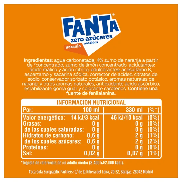 Fanta de naranja zero 330 ml 3