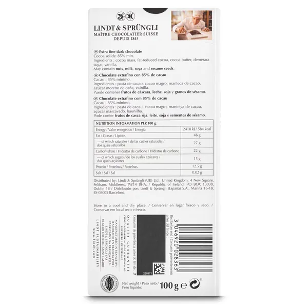 Chocolate negro 85% cacao Lindt Excellence 100 g 2