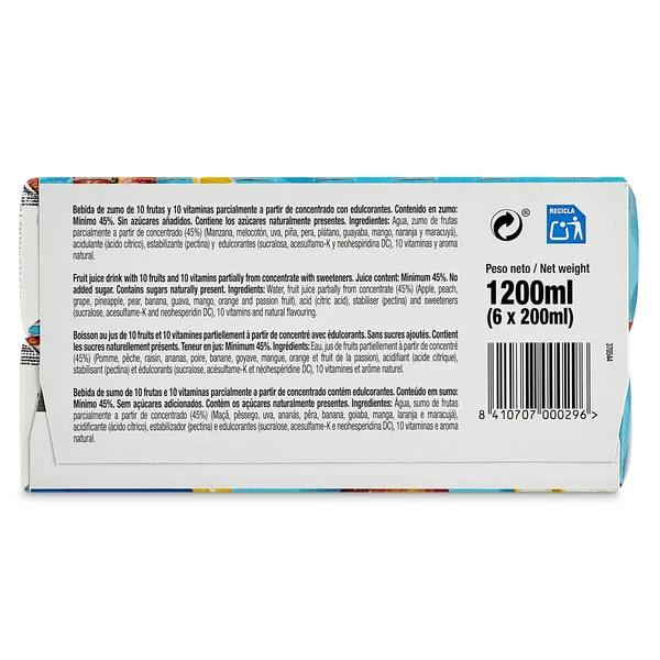 Bebida de zumo 10 frutas sin azúcares añadidos Juver Disfruta brik 6 x 200 ml 3