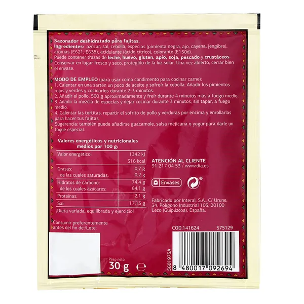 Sazonador para fajitas Dia Al punto 30 g 2