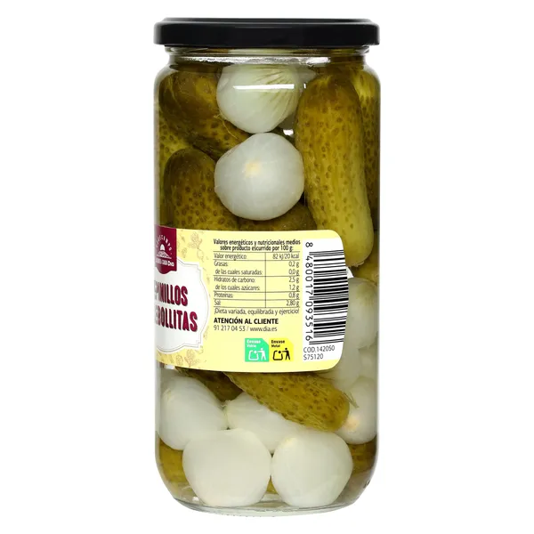 Pepinillos y cebollitas Vegecampo de Dia frasco 380 g 2