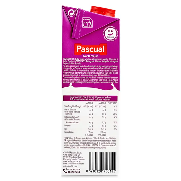 Leche entera sin lactosa Pascual pack 6 x 1 l 4