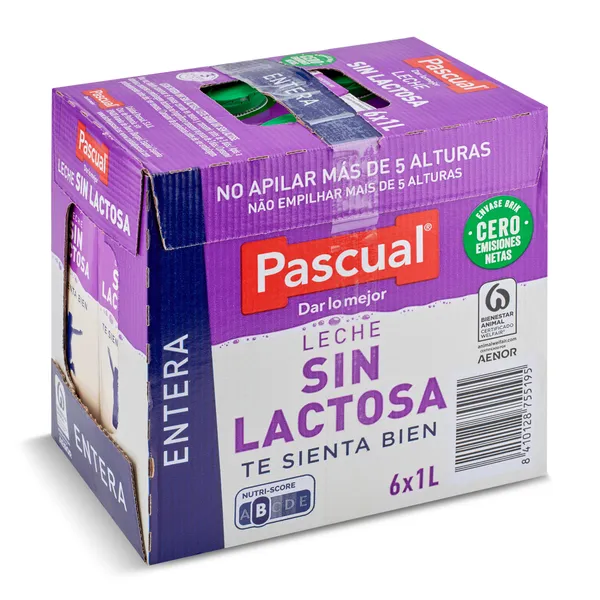 Leche entera sin lactosa Pascual pack 6 x 1 l