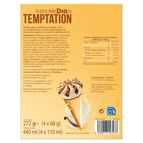 Conos de vainilla Dia Temptation 4 x 68 g 4