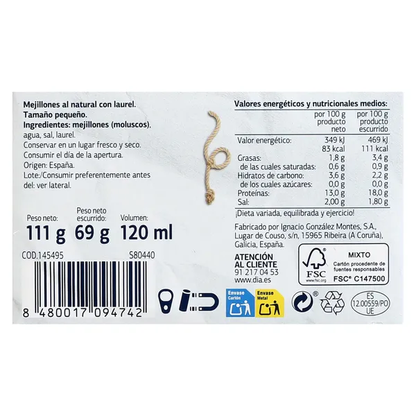 Mejillones al natural 13/18 piezas Dia Mari Marinera lata 69 g 3