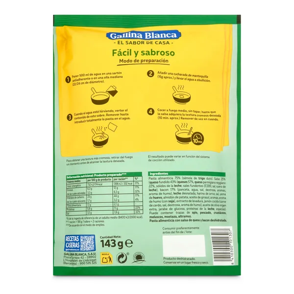 Tallarines carbonara Gallina Blanca 143 g 2