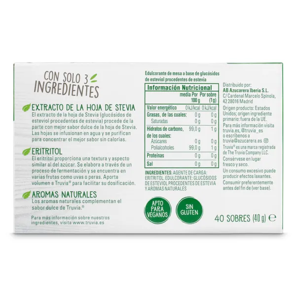 Endulzante de stevia 0 calorías Truvia caja 40 unidades 3
