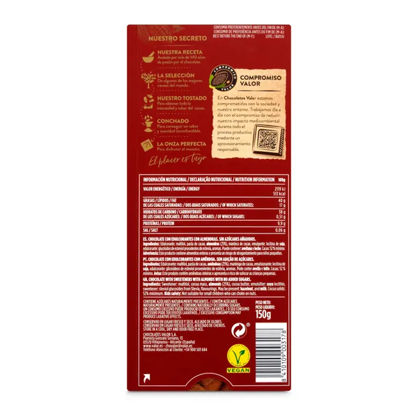 Chocolate puro con almendras sin azúcar Valor 150 g 3
