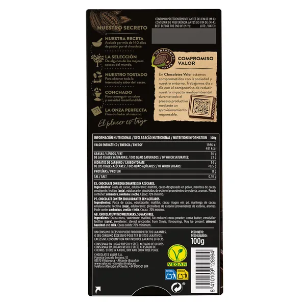 Chocolate negro 70% cacao sin azúcar Valor 100 g 3