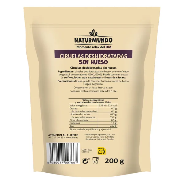 Ciruelas deshidratadas sin hueso Dia Naturmundo 200 g 2