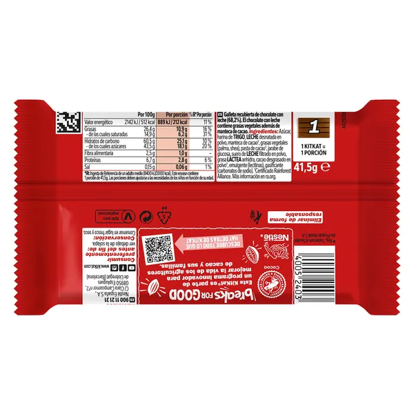 Barritas de galleta recubiertas de chocolate con leche Kit Kat bolsa 41.5 g 2