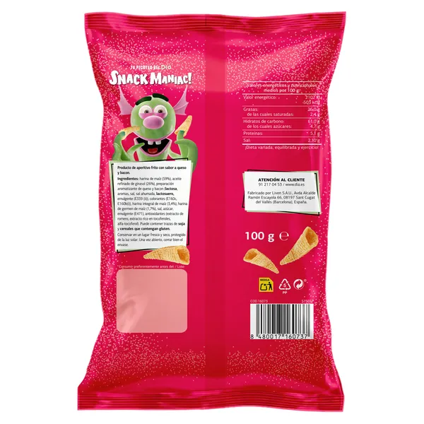 Conos de maíz sabor queso y bacon Snack Maniac de Dia bolsa 100 g 2