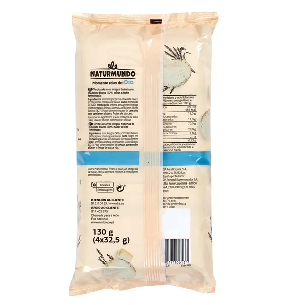 Tortitas de arroz integral con chocolate blanco Dia Naturmundo bolsa 130 g 2