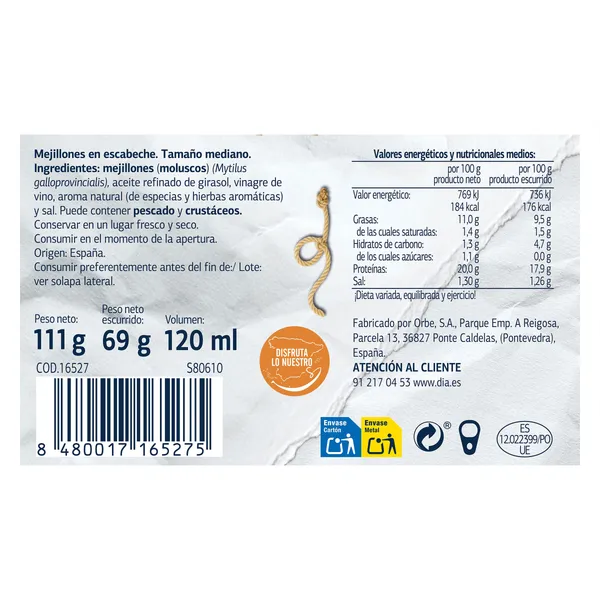 Mejillones en escabeche 8/12 piezas Dia Mari Marinera lata 69 g 3