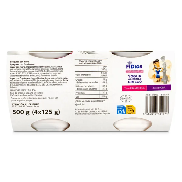 Yogur griego con mora y frambuesa Fidias de Dia pack 4 x 125 g 4