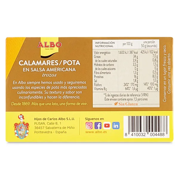 Trozos de calamares en salsa americana Albo lata 72 g 3