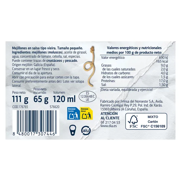 Mejillones en salsa vieira 13/18 piezas Dia Mari Marinera lata 69 g 3
