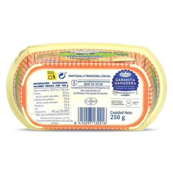 Mantequilla tradicional con sal Central Lechera Asturiana tarrina 250 g 3