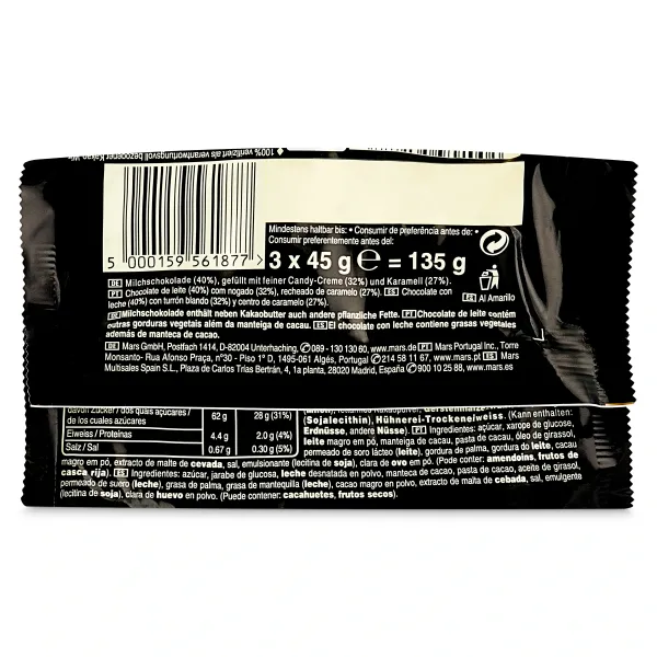 Barritas de chocolate y caramelo 3 unidades Mars bolsa 135 g 2