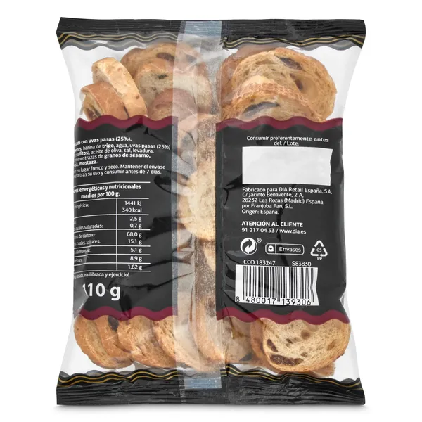 Mini biscotes con pasas El molino de Dia bolsa 110 g 2
