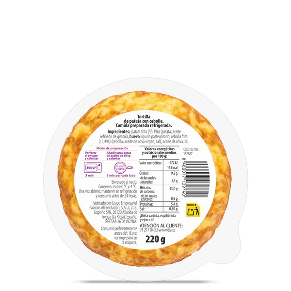Mini tortilla de patatas con cebolla Al Punto Dia 220 g 2