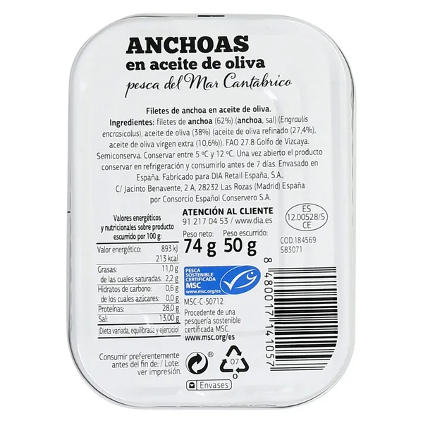 Anchoas del Cantábrico MSC en aceite de oliva Dia Mari Marinera lata 50 g 3