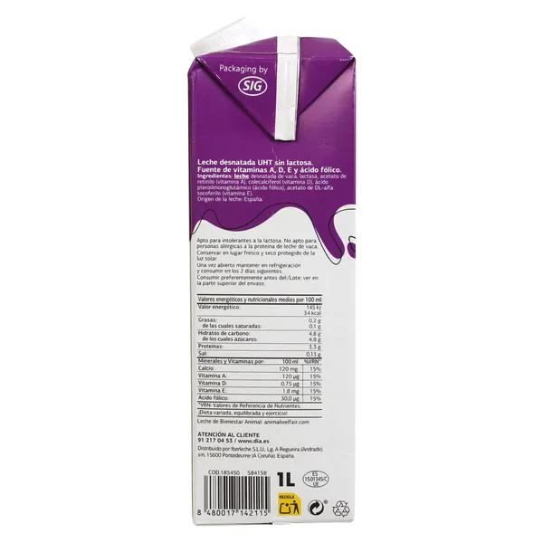 Leche desnatada sin lactosa Dia Láctea 1 L 5