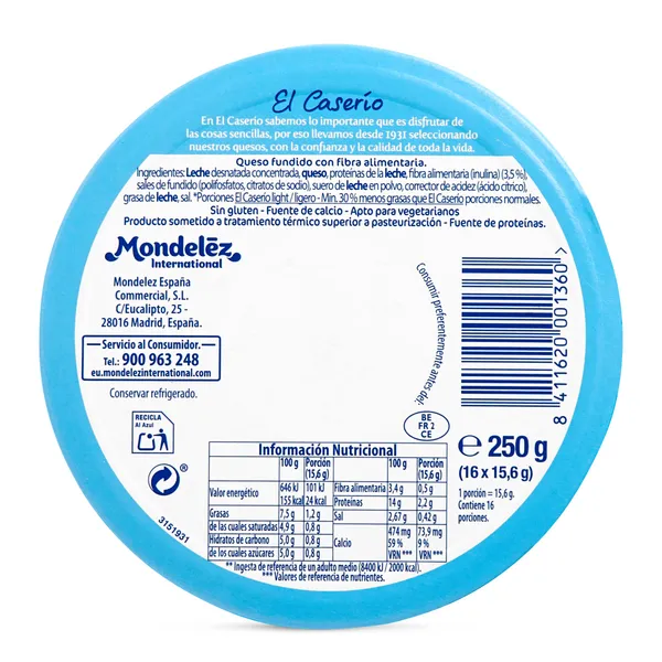 Queso fundido light en porciones El caserío caja 250 g 2
