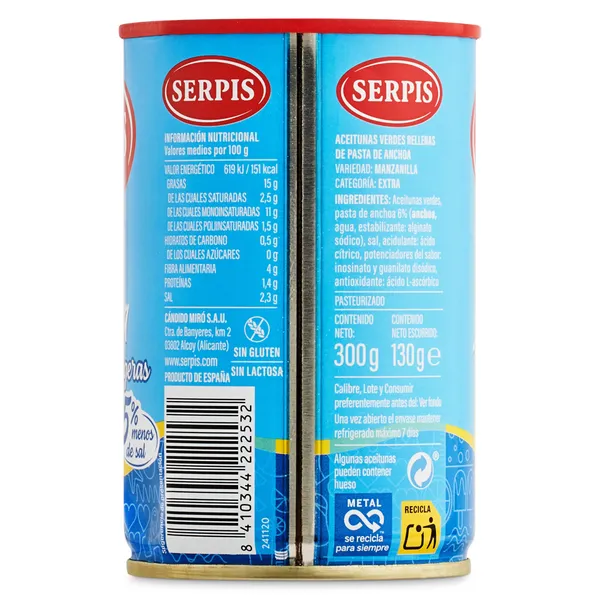 Aceitunas rellenas de anchoa ligeras Serpis 130 g 3