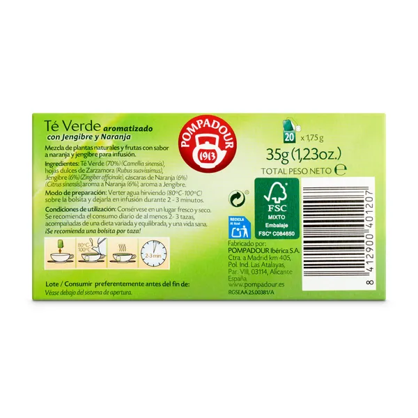Té verde con jengibre y naranja Pompadour caja 20 unidades 4