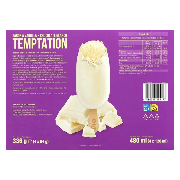 Helado bombón chocolate blanco Dia Temptation 4 x 84 g 4