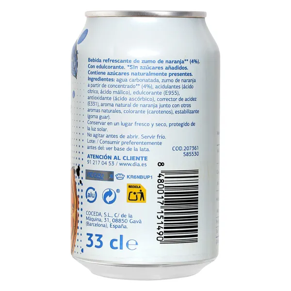 Refresco de naranja zero Dia Upss 330 ml 3