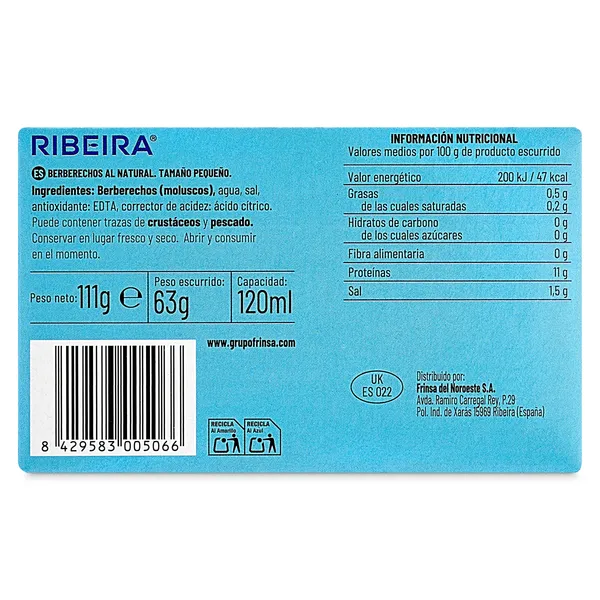 Berberechos al natural 60/80 piezas Ribeira lata 63 g 3