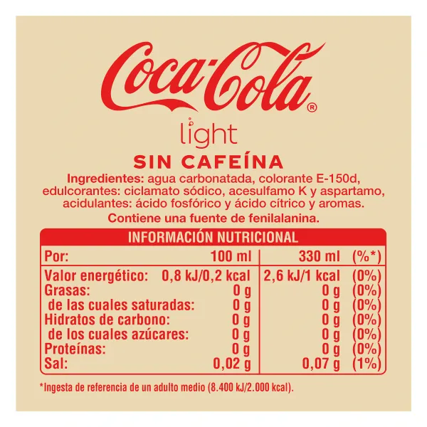 Refresco de cola light sin cafeína Coca-Cola lata 33 cl 2