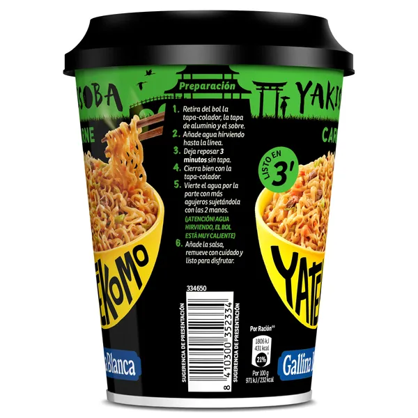 Fideos orientales yakisoba carne Gallina Blanca Yatekomo vaso 93 g 3