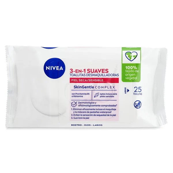 Toallitas desmaquillantes tres en uno piel seca Nivea 25 unidades 2