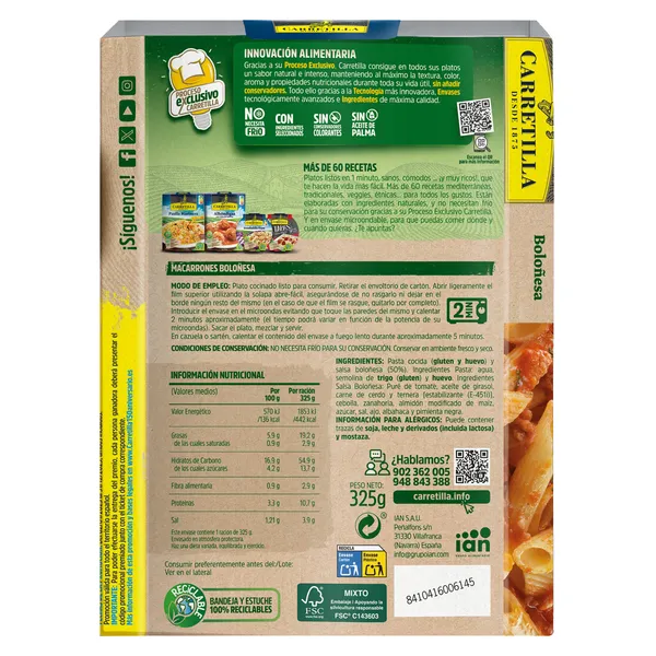 Macarrones boloñesa Carretilla 325 g 2