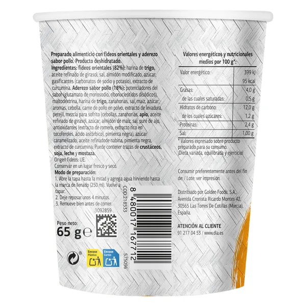 Noodles orientales sabor pollo Al Punto Dia vaso 65 g 3