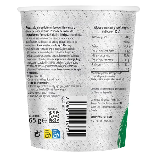 Noodles orientales sabor verduras Al Punto Dia 65 g 3