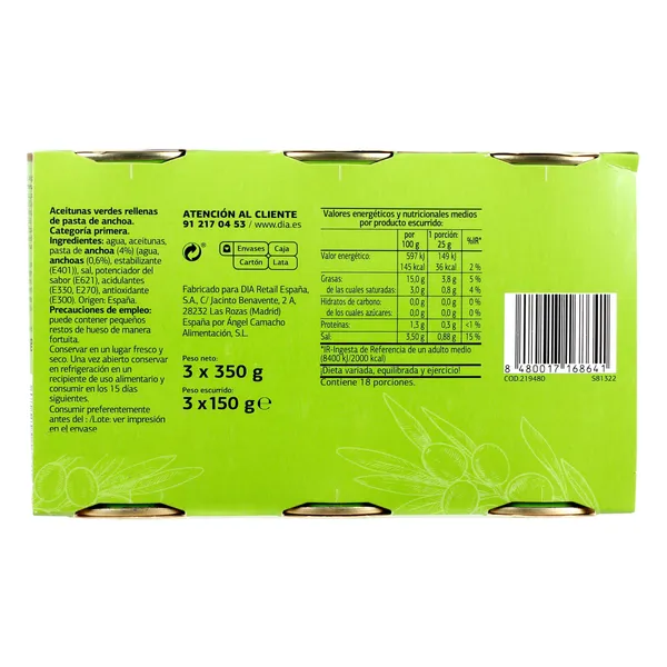 Aceitunas rellenas de anchoa Dia Vegecampo 3 x 150 g 4