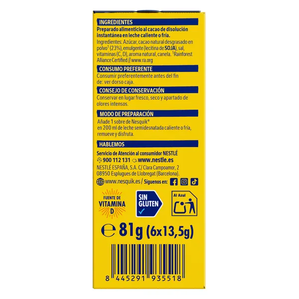 Cacao soluble instantáneo en sobres Nesquik caja 6 x 13.5 g 3
