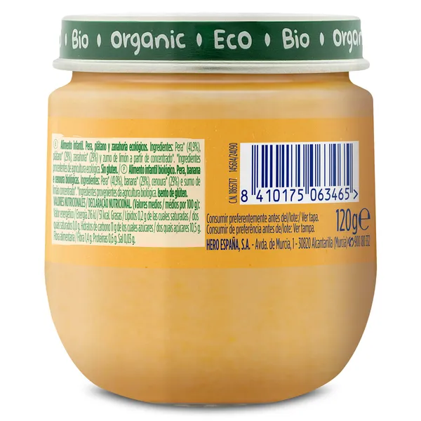 Puré de pera, plátano y zanahoria 100% ecológica Hero frasco 120 g 3