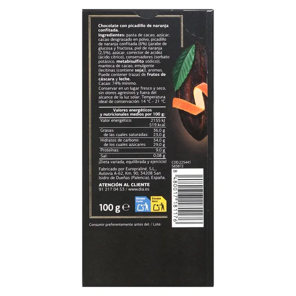 Chocolate negro 74% cacao con naranja confitada Dia Temptation 100 g 4