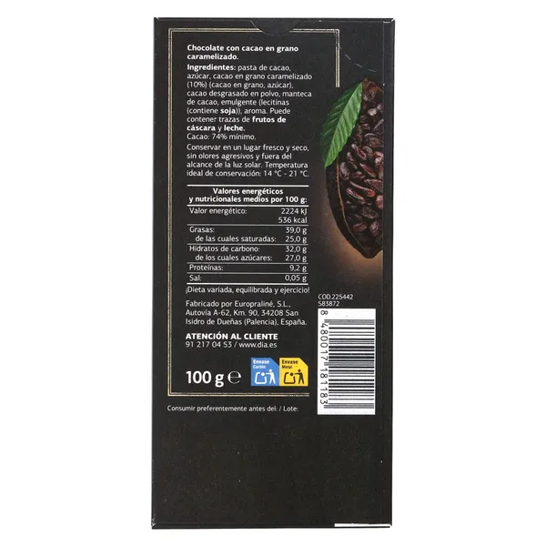 Chocolate negro 74% con cacao caramelizado Dia Temptation 100 g 4
