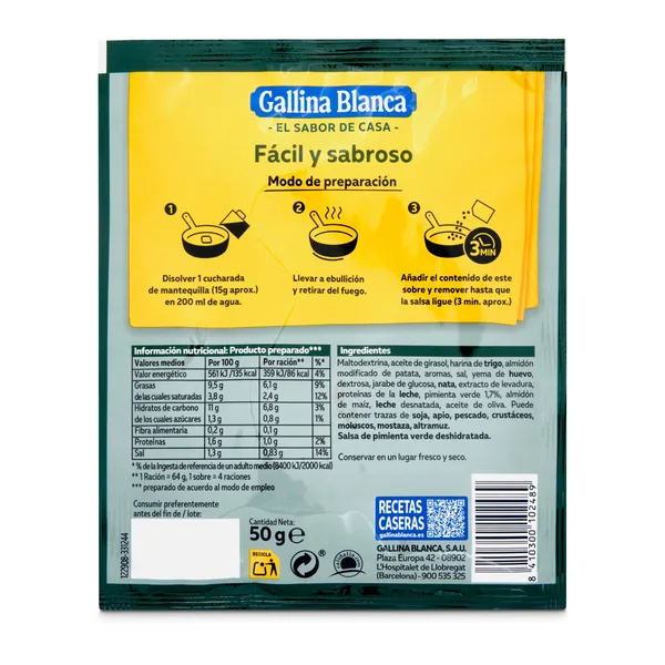 Salsa pimienta verde Gallina Blanca sobre 59 g 2