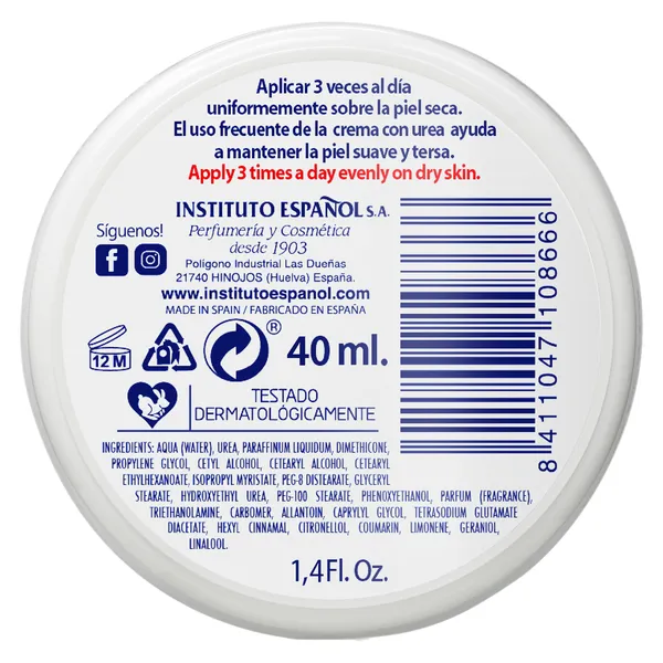 Crema corporal reparadora urea formato viaje Instituto Español bote 40 ml 2