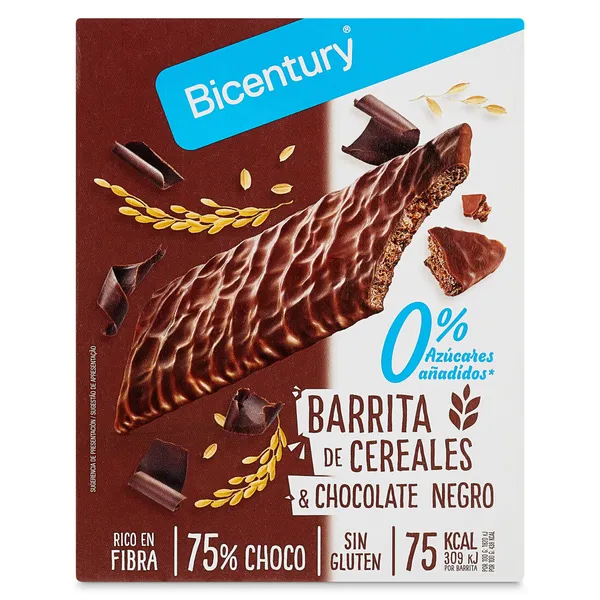 Barritas de cereales bañadas con chocolate negro sin azúcares Bicentury 102 g 2